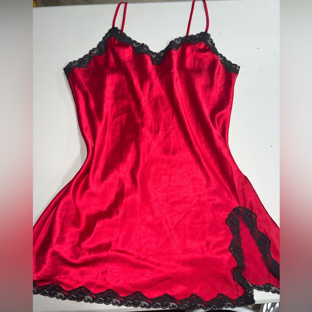 red vintage victoria secret silk slip lacey nightgown